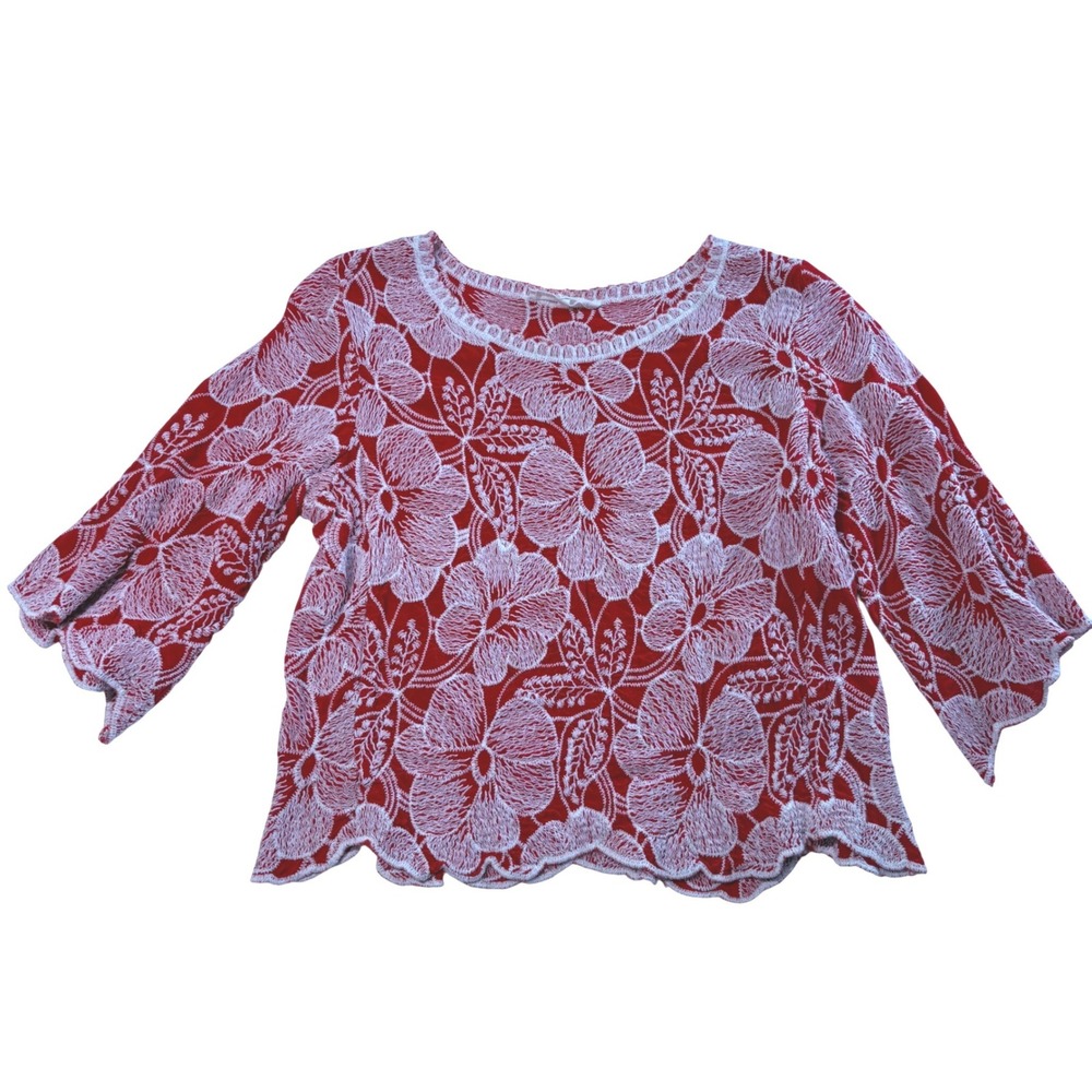 Solitaire Womens Red White Floral Embroidered‎ Bell Sleeve Blouse Top S